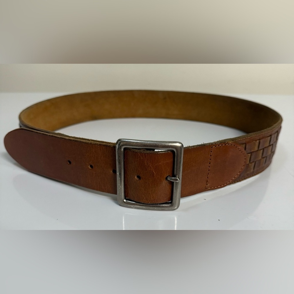 Men’s Hollister chestnut brown durable leather belt high end weave size 42 - Picture 2 of 7